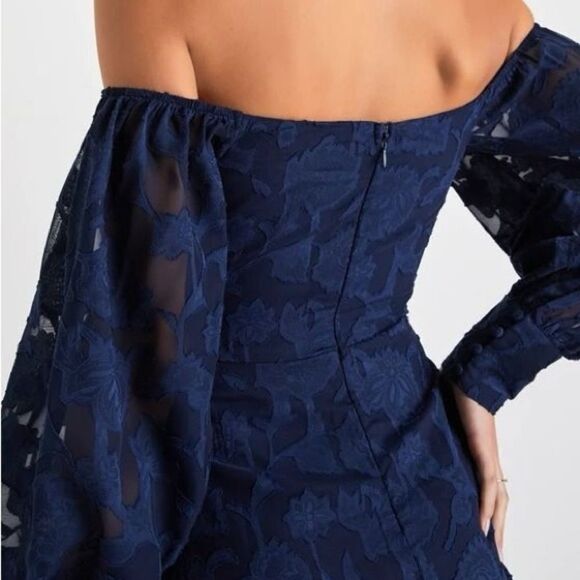 Lulus Radiantly Stunning Navy Blue Burnout Off-the-Shoulder Maxi Dress Size XS - Picture 13 of 16